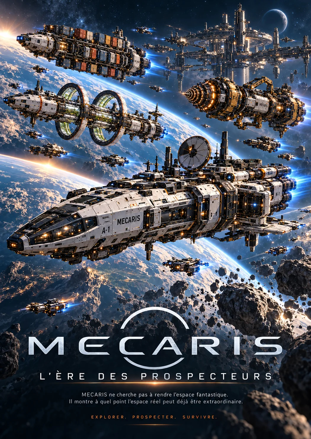 Affiche officielle MECARIS : flotte de vaisseaux d'exploration dans l'espace