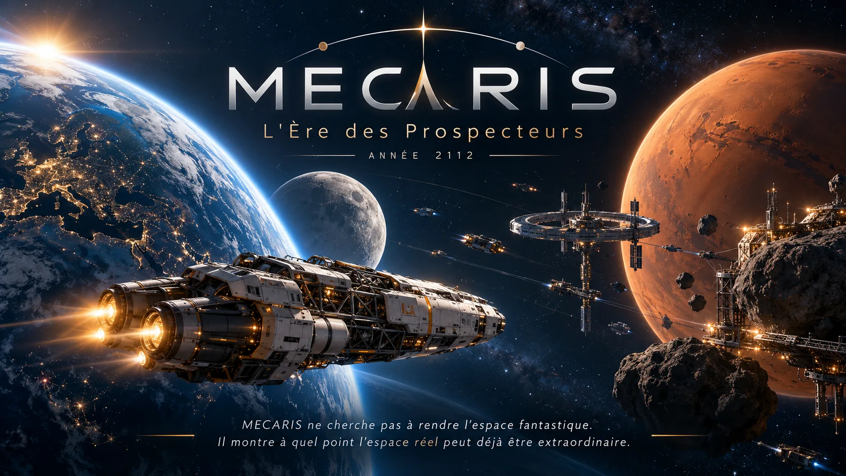 Affiche officielle MECARIS : L’Ère des Prospecteurs — Terre, Mars, vaisseau spatial et manifeste