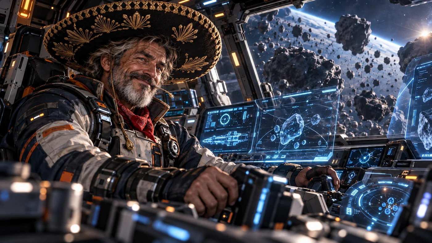 Pilote mariachi souriant aux commandes d'un vaisseau, dans un champ d'astéroïdes
